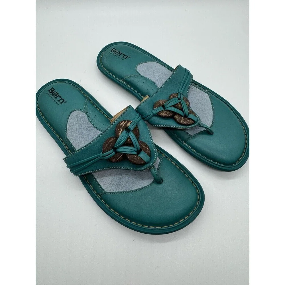 Womens 8 Born Blue Thong Flip Flops Sandals Leather Coconut Boho SIZE 9 - Picture 2 of 6